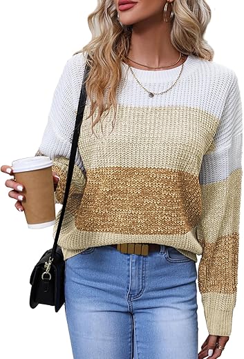 Women'S Striped Color Block Sweater Long Sleeve Crewneck Casual Loose Fit Soft Knit Sweater Pullover Tops