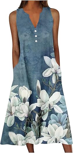 Women'S Summer Design Casual Dress Sleeveless V-Neck Dress With Pockets Loose Flowy Swing Pleated Long Beach Dress