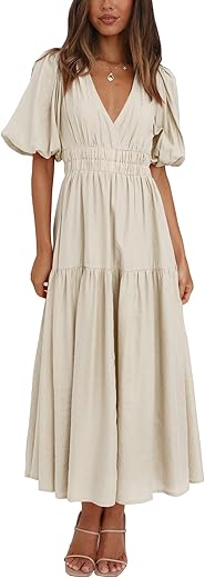 Women'S Summer V Neck Short Puff Sleeve A Line Tiered Midi Dress