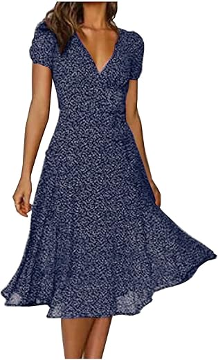 Womens Summer Wrap V-Neck Tie Waist Dress Bandage Boho Print Casual Short Sleeve Maxi Dress Vacation Midi Dress