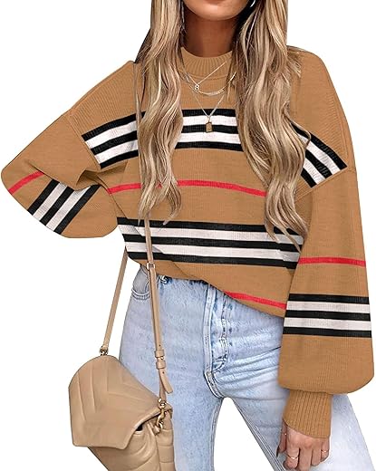 Womens Sweaters Fall 2024 Batwing Long Sleeve Side Slit Knit Tops Crew Neck Striped Oversized Sweater Pullover Tops