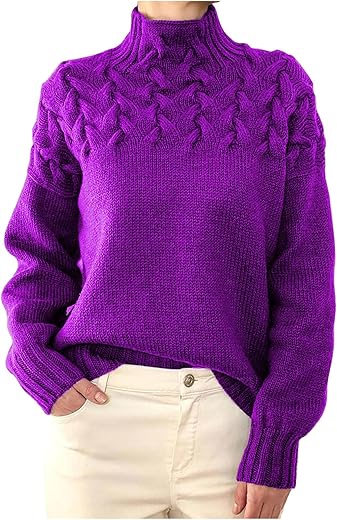 Women'S Turtleneck Sweaters Slouchy Knit Chunky Sweater Fall Winter Fashion Cable Weaving Long Sleeve Pullover