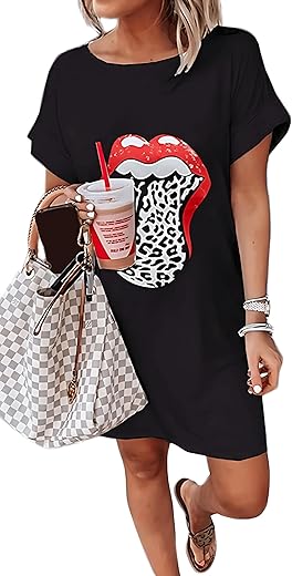 Women Summer Red Lips Graphic Short Sleeve Loose Tshirt Dresses Leopard Tongue O-Neck Short Tunic Dresses