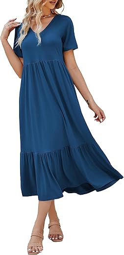 Women Summer Short Sleeve V Neck Swing Dress Flowy Tiered Maxi Beach Dress With Pockets