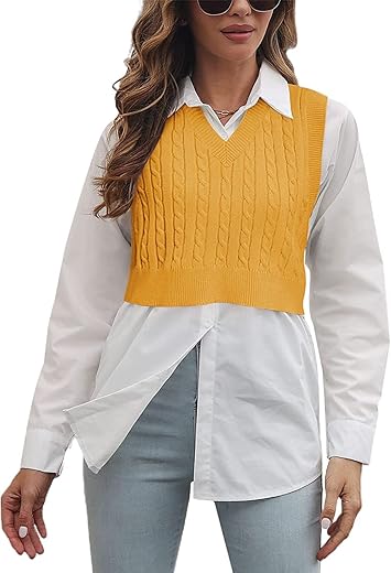 Women'S V-Neck Knit Sweater Vest Solid Color Argyle Plaid Preppy Style Sleeveless Crop Knit Vest