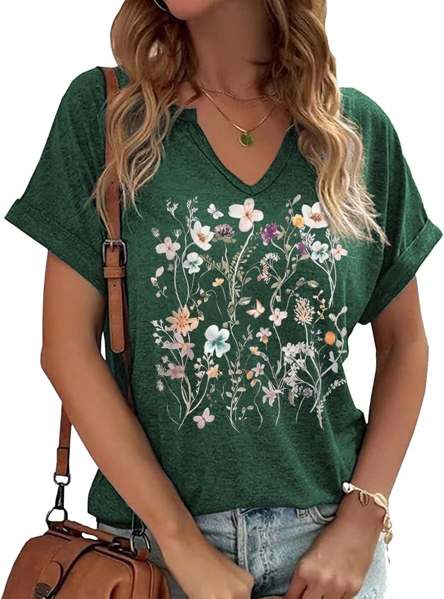 Womens Vintage Flowers V Neck Shirt Boho Floral Wildflowers Graphic Tee Casual Cottagecore Short Sleeve T Shirt