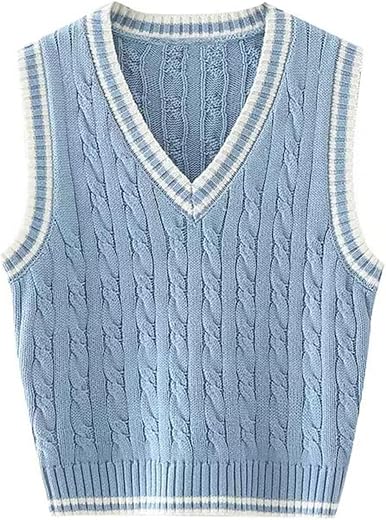 Womens V Neck Sweater Vest School Uniform Vest Striped Cable Knit Sleeveless Sweater Tops