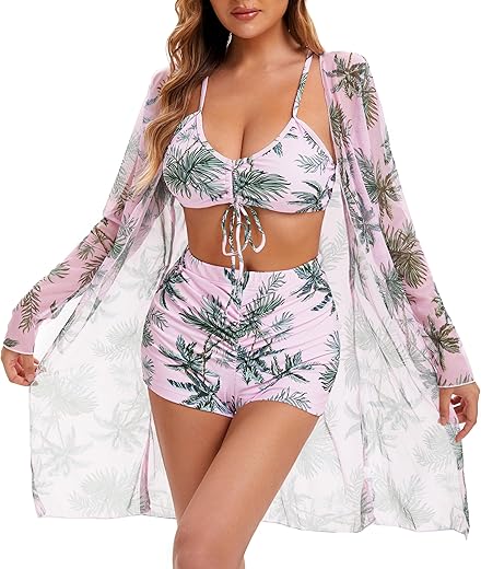 Yknktstc Womens 3 Pieces Bikini Set Swimsuit Tropical Beach Cover Up Kimono Swimwear Bathing Suit With Boy Shorts