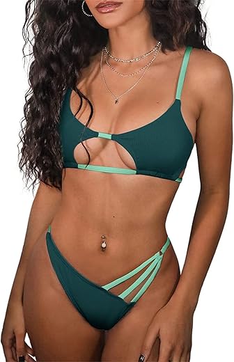 Zaful Women'S Sexy Cutout Bikini Thong Bikini Set Tie Back Two Piece Swimsuit Bathing Suit