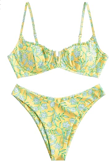 Zaful Women'S Underwire Bikini Floral High Cut Bikini Set V-Wired Two Piece Swimsuit Bathing Suit