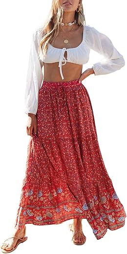 Zesica Women'S 2024 Bohemian Floral Printed Elastic Waist A Line Maxi Skirt With Pockets