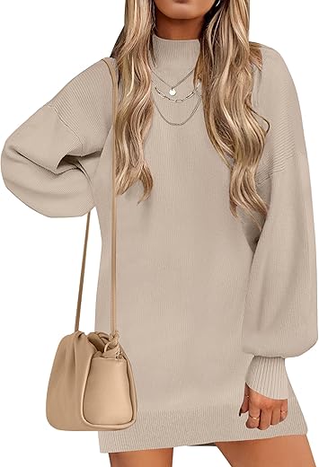 Zesica Women'S 2024 Fall Turtleneck Sweaters Dress Oversized Long Lantern Sleeve Casual Knit Pullover Short Dresses