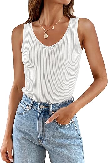 Zesica Womens 2024 Ribbed Tank Tops Summer Sleeveless V Neck Shirts Casual Sexy Slim Fitted Basic Knit Tees