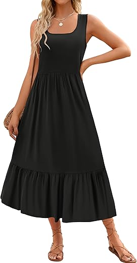 Zesica Women'S 2024 Summer Sleeveless Dress Square Neck Pleated Swing Casual Maxi Dresses With Pockets