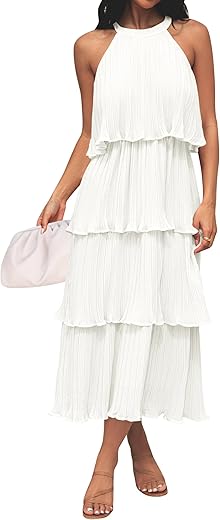 Zesica Women'S 2024 Summer Sleeveless Halter Neck Ruffle Tiered Layed Chiffon Flowy Swing Long Midi Dress