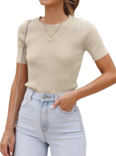 Zesica Women'S Short Sleeve Crewneck T Shirt 2024 Summer Ribbed Knit Slim Fit Basic Solid Color Tee Tops