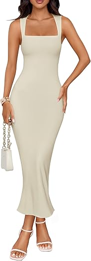 Zesica Women'S Summer Bodycon Midi Dress 2024 Sleeveless Square Neck Slim Fit Back Slit Long Cocktail Party Dresses