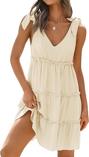 Zesica Womens Summer Casual V Neck Sleeveless Mini Dress 2024 Tie Shoulder Tiered Ruffle Swing A Line Short Sundresses