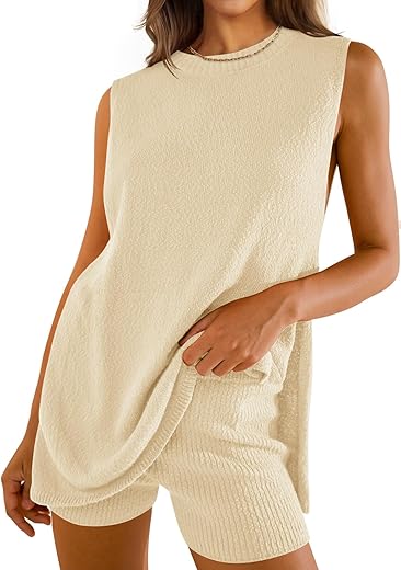 Zesica Women'S Summer Two Piece Sweater Lounge Sets 2024 Casual Knit Trendy Tunic And Shorts Outfits