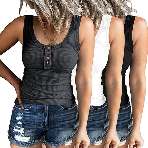 3 Pack Women Tank Tops Ribbed Summer Casual Sleeveless Basic Cami Top Slim Henley Button Down Blouses