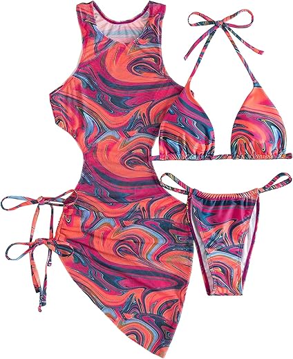 3 Piece Swimsuits For Women Padded Floral Print String Bikini Sets Bathing Suit Set Sexy Cutout High Neck Mesh Beach Cover Up