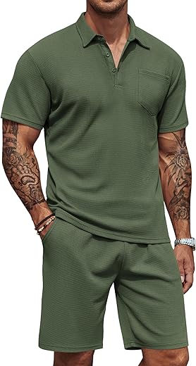 Coofandy Men'S Waffle Knit Polo Shirt And Shorts Set 2 Pieces Outfits Summer Suit Casual Tracksuit With Pockets