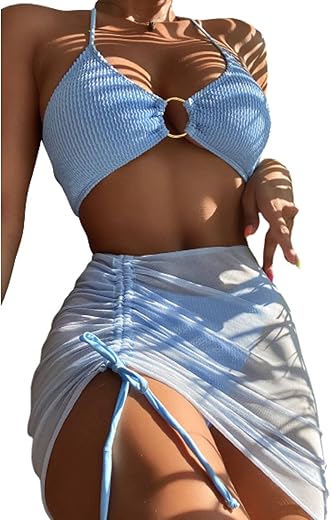 Makemechic Women'S 3 Piece Bathing Suits Halter Ring Bikini Set With Cover Up Skirt