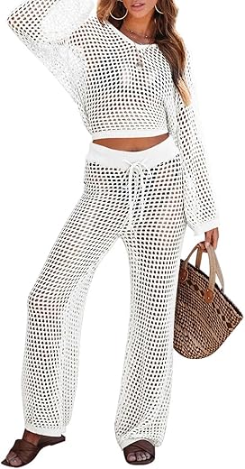 Pink Queen Women'S Swimsuit Cover Up Set 2 Piece Crochet Long Sleeve Crop Top Wide Leg Pants Beach Coverups Outfits