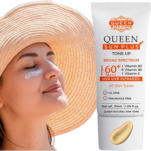 Queen Sun Plus | Tone Up Sunscreen Spf 60 Primer-Anti Aging, Face Moisturizer- Vitamin B3, B5, E- Non-Greasy, Silky Touch, Instant Dry-Oil Free, Fragrance Free By Queen Natural New York (Pack Of 1)