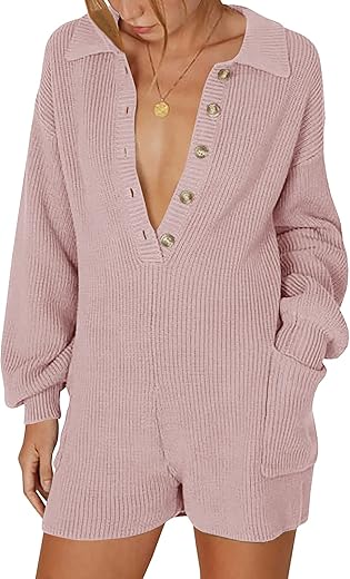 Tymidy Women'S Short Jumpsuit Long Sleeve Knit Sweater Rompers Sexy Deep V Neck Button Down Onesie Loungewear Outfits