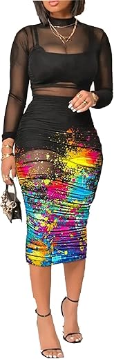 Women Sexy 3 Piece Outfits Set See Through Print Long Sleeve Midi Dress Sheer Mesh Crop Tank Tops Bodycon Skirt