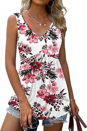 Women Tank Tops 2024 Summer Sleeveless Blouses V Neck Casual Loose Fit Flowy Shirts S-3X