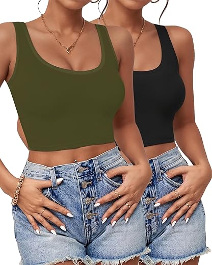 2-3Pcs Tank Tops For Women, U Neck Sleeveless Crop Tops, Basic Cropped Racerback Going Out Tops Athletic Sports Shirts