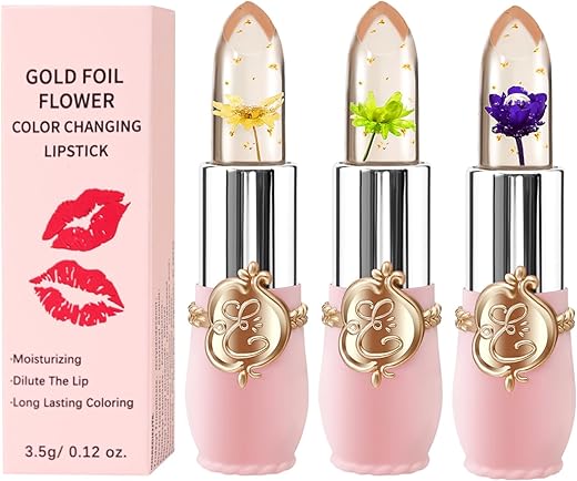 3 Pcs/Set Flower Jelly Lipstick Set Temperature Change Moisturizer Long Lasting Nutritious Balm Magic Color Change Lip Gloss (Flower Jelly Lipstick 040506)