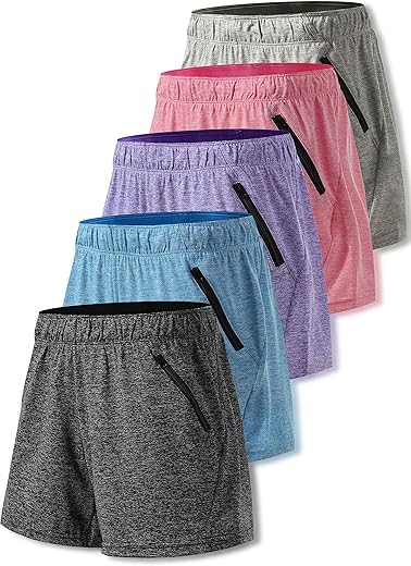 5 Pack: Womens Workout Gym Shorts Casual Lounge Set, Ladies Active Athletic Apparel With Zipper Pockets