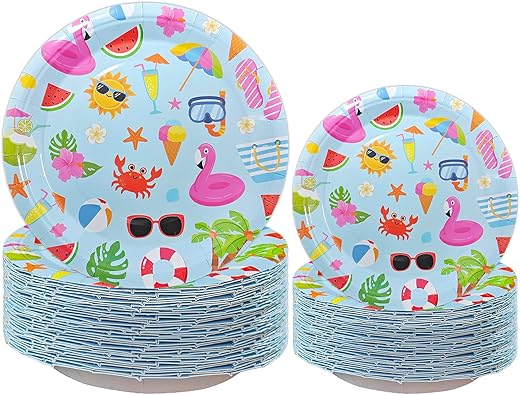 80Pcs Summer Beach Paper Plates,40Pcs Dinner Plates 9&Quot;,40Pcs Dessert Plates 7&Quot;,Birthday Party Disposable Paper Dessert Plates Supplies Decorations Tableware For Summer Party Supplies (Pool Theme)