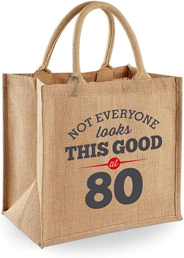 80Th Birthday Gift Bag Keepsake For Women Novelty Jute 80 Years Old Shopping Tote Size 11.81X 11.81X7.48 Inches