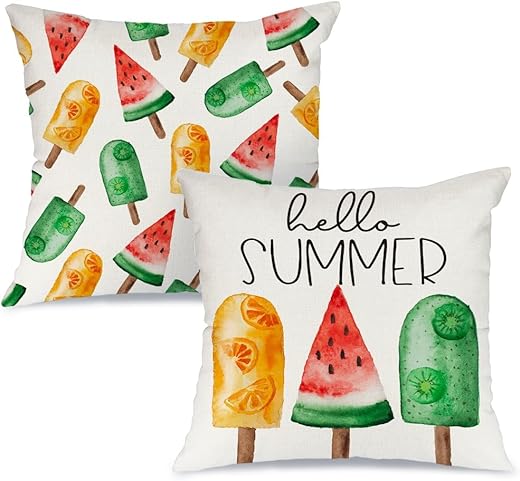 Aacors Summer Pillow Cover 18X18 Set Of 2,Hello Summer Ice Cream Decor Popsicle Farmhouse Seasonal Pillow Case Decorations For Home Sofa Couch Aa519-18-2