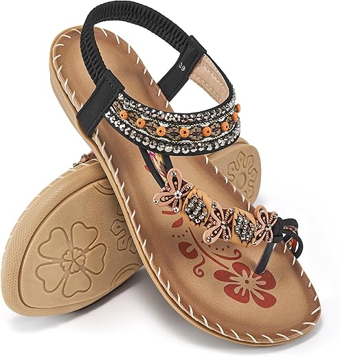 Ablanczoom Womens Sandals Flats Shoes: Comfortable Bohemian Beaded Dressy Summer Flat Casual Ankle Strap Elastic Slip On Beach Sandal