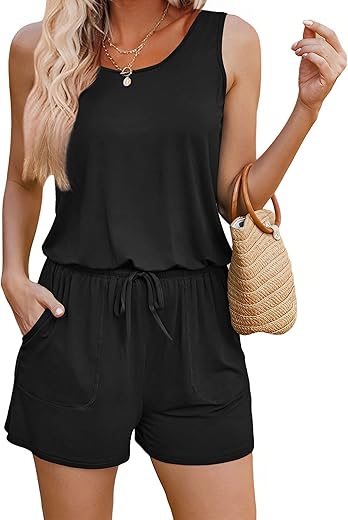 Adome Rompers For Women Summer Sleeveless Scoop Neck Tank Top Casual Short Jumpsuit Rompers With Pockets