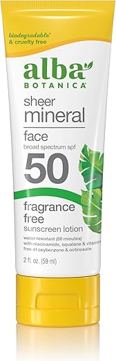 Alba Botanica Sunscreen For Face, Fragrance-Free Sheer Mineral Face Sunscreen Lotion, Broad Spectrum Spf 50, Water Resistant And Biodegradable, 2 Fl. Oz. Bottle