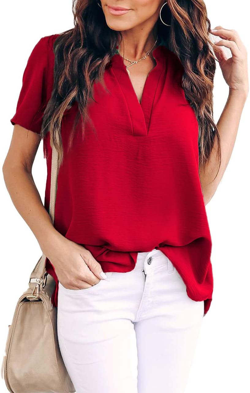 Allimy Women Summer Casual Split V Neckline Chiffon Blouses Loose Tunic Short Sleeve Tops