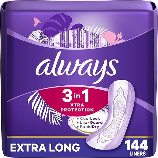 Always 3-In-1 Xtra Protection, Daily Liners For Women, Extra Long, With Leakguard + Rapid Dry, Deodorizing, 48 Count X 3 Packs (144 Count Total) (Packaging May Vary)