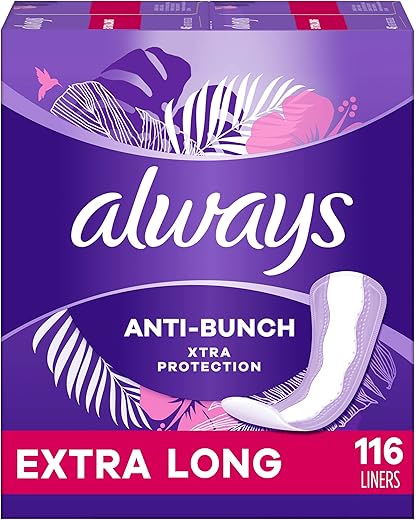 Always Anti-Bunch Xtra Protection Daily Liners, Extra Long Length, Unscented, 116 Count