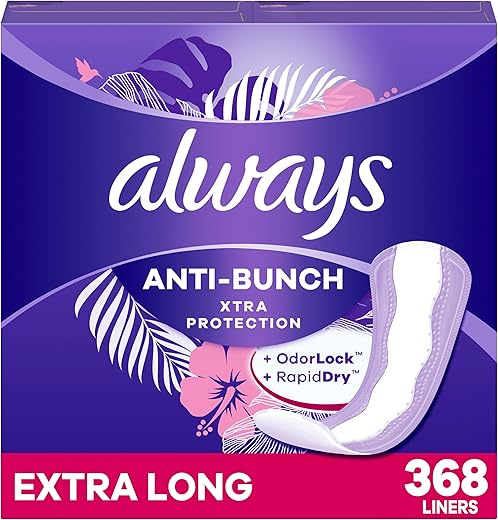 Always Anti-Bunch Xtra Protection, Panty Liners For Women, Extra Long Length, Unscented, 92 Count (Pack Of 4) (368 Count) (Packaging May Vary)