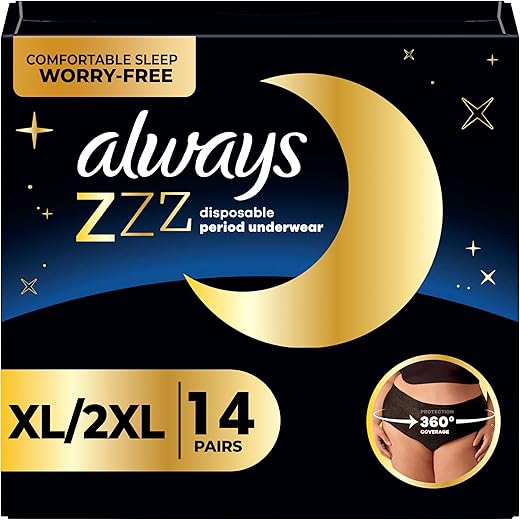 Always Zzz Overnight Disposable Period Underwear For Women Size Xl-2Xl, 360° Coverage For Worry-Free Nights And Comfortable Sleep Period Protection, 7 Count X 2 Pack (14 Count Total)