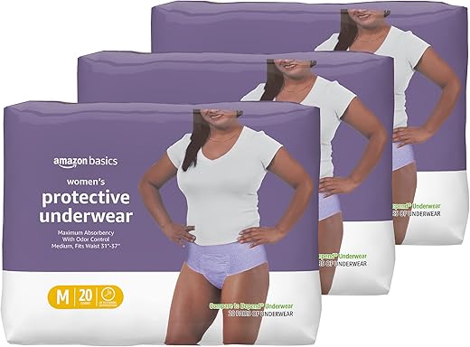 Amazon Basics Women'S Protective Underwear, Incontinence &Amp; Postpartum, Maximum Absorbency, Medium, Lavender, 60 Count, (3 Packs Of 20)