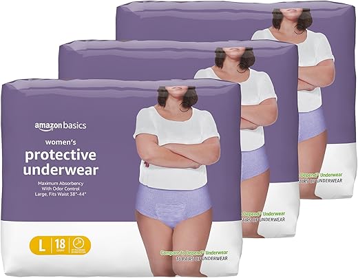 Amazon Basics Women'S Protective Underwear, Incontinence &Amp; Postpartum, Maximum Absorbency, Large, Lavender, 54 Count, (3 Packs Of 18)