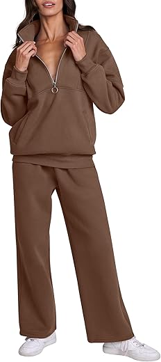 Anrabess Women 2 Piece Outfits Sweatsuit Oversized Half Zip Sweatshirt Matching Wide Leg Sweatpant Lounge Set Fall Tracksuit