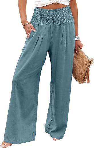 Anrabess Women Linen Palazzo Pants Summer Boho Wide Leg High Waist Casual Lounge Pant 2024 Beach Travel Vacation Outfits